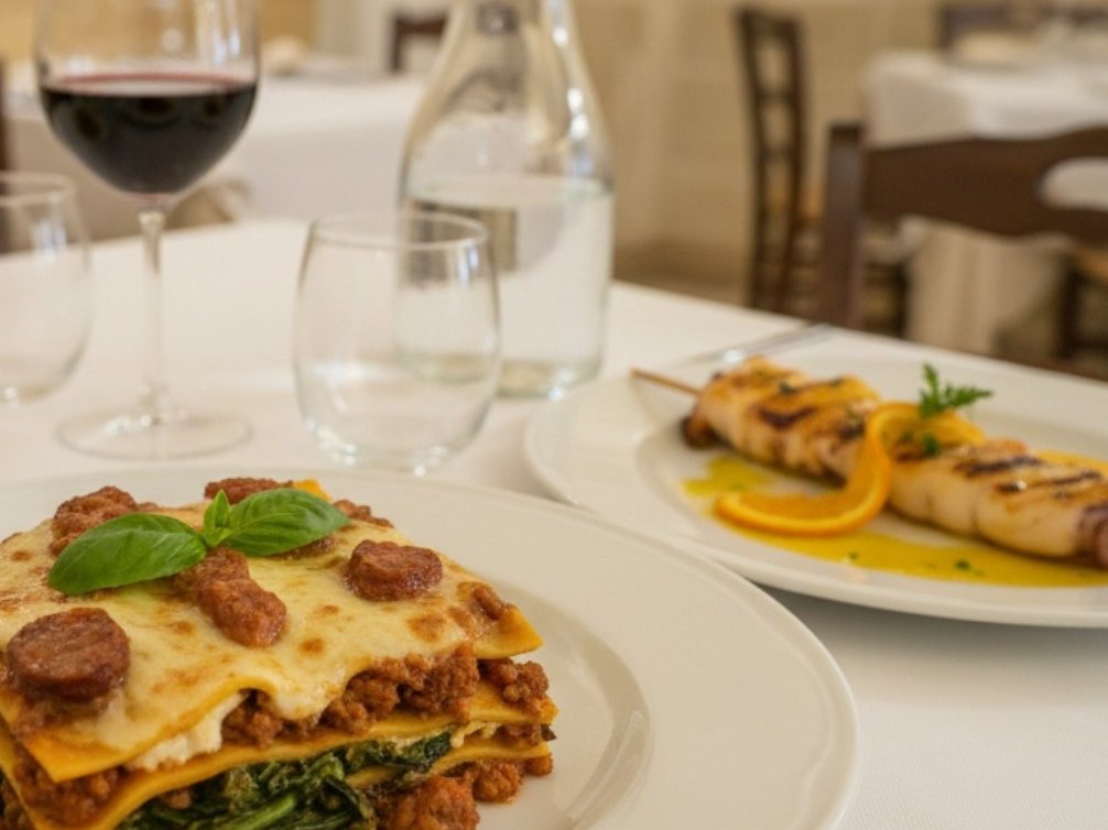 Lasagna al ragù con verdure e salsiccia accanto a spiedino di calamari grigliati all'arancia su tovaglia bianca